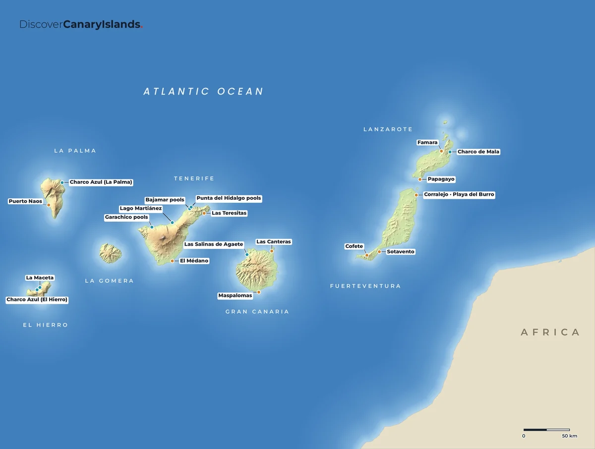 Map. The best beaches and natural sea-water pools on every island.