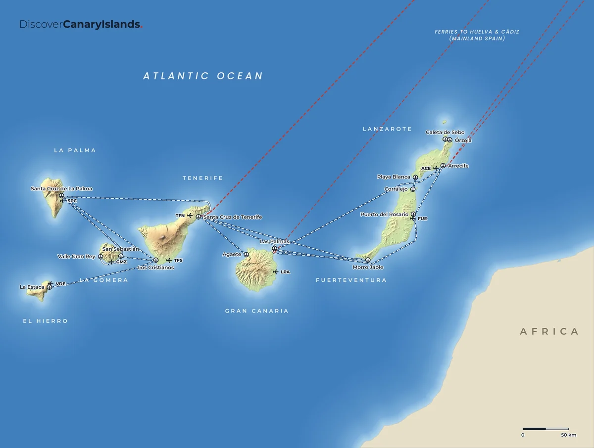 Map. Ferry routes between the islands, the airports, and the ferries to Huelva and Cádiz on mainland Spain.
