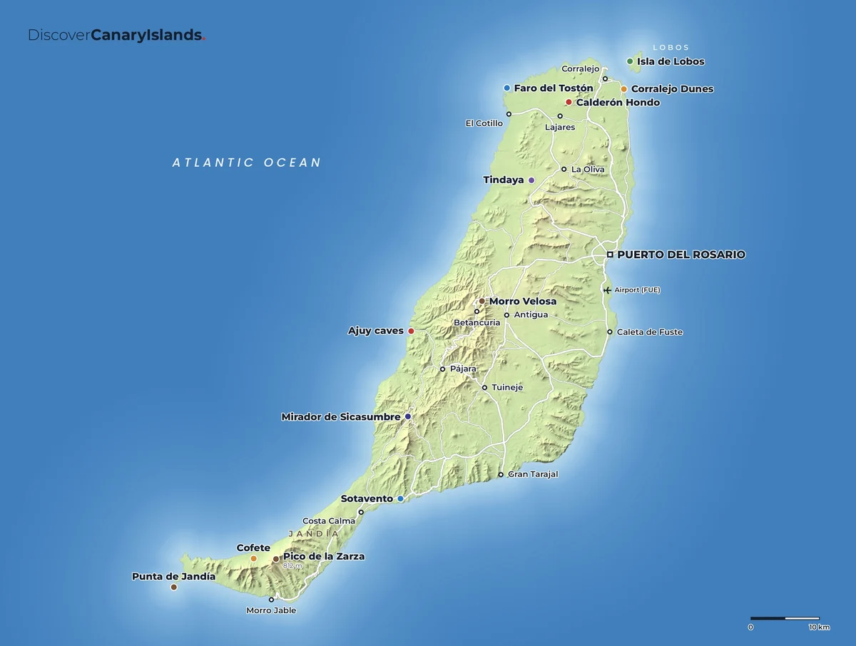 Map. Fuerteventura: Corralejo, Lobos, Betancuria, Jandía and Cofete.