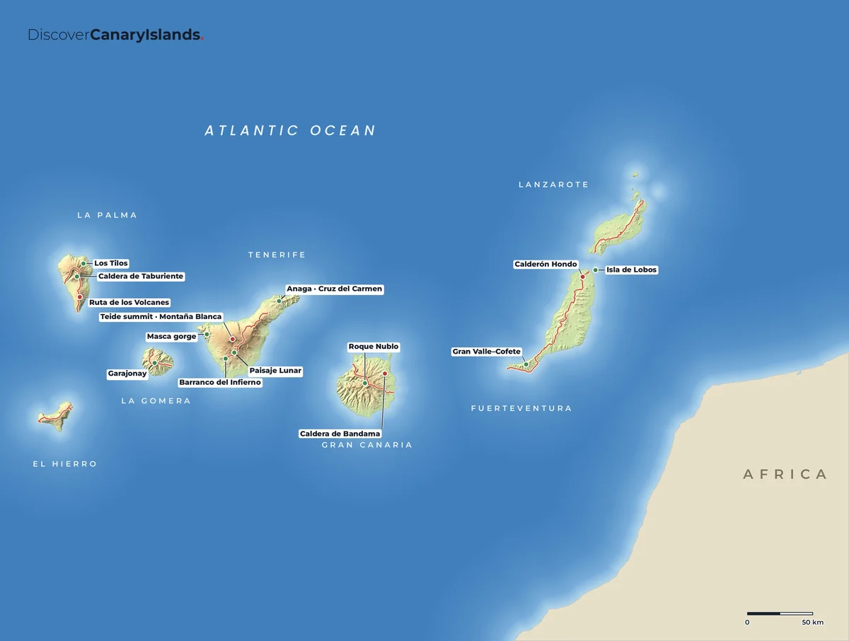 Map. The great walks: Teide, Masca, Anaga, Roque Nublo, Garajonay, the Caldera de Taburiente and the long-distance trails.