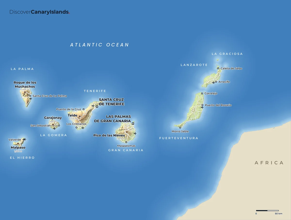 Map. The eight islands with their capitals, main ports, airports and highest peaks.