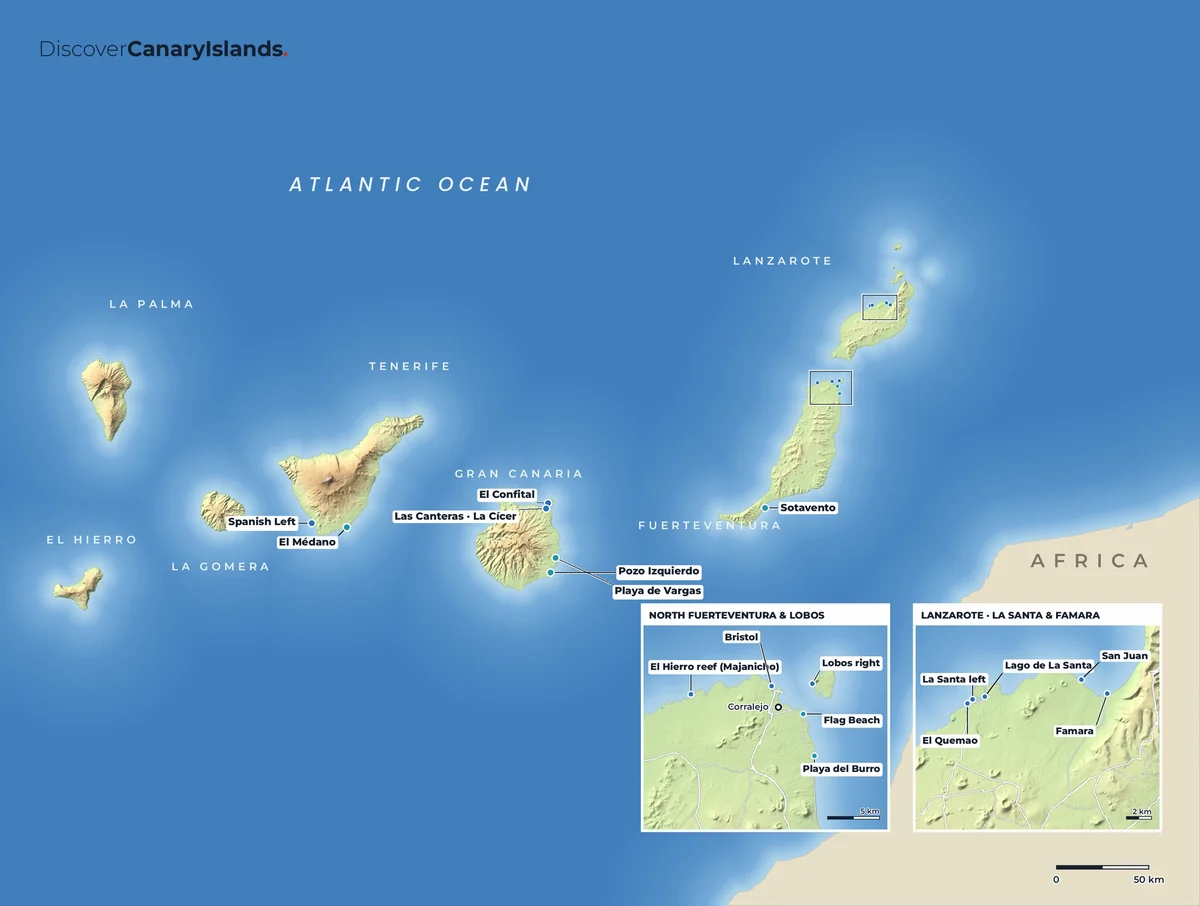 Map. Surf and wind spots, with close-ups of north Fuerteventura and Lobos, and of La Santa and Famara on Lanzarote.