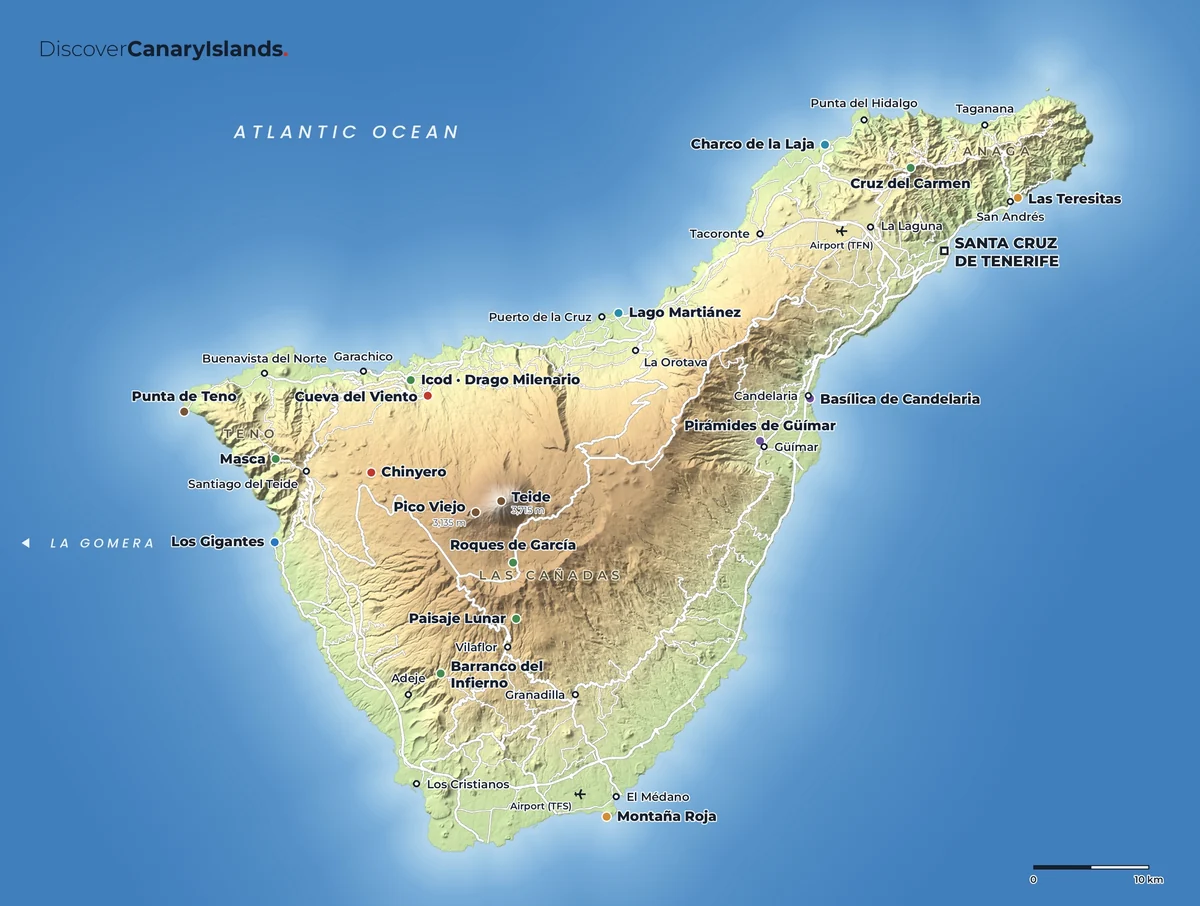 Map. Tenerife: Teide, Anaga, Teno, Masca and the towns of the north and south.