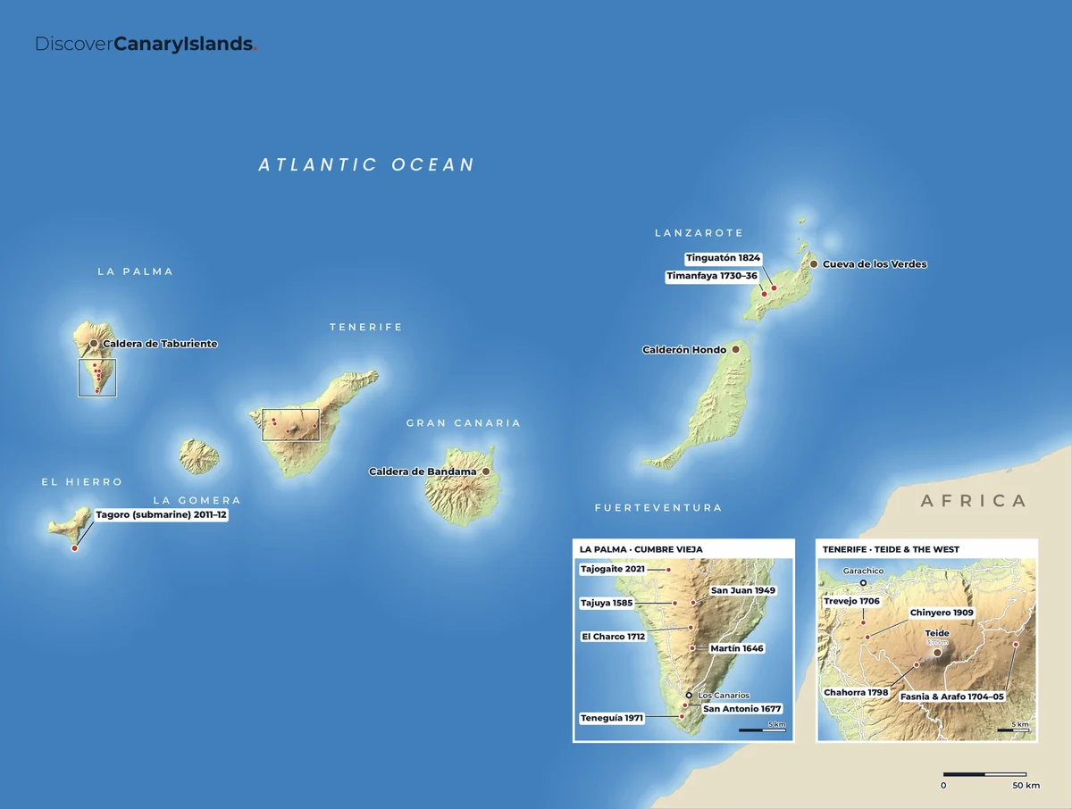Map. Historic eruptions and volcanic sites, with close-ups of La Palma's Cumbre Vieja and of Teide and the west of Tenerife.